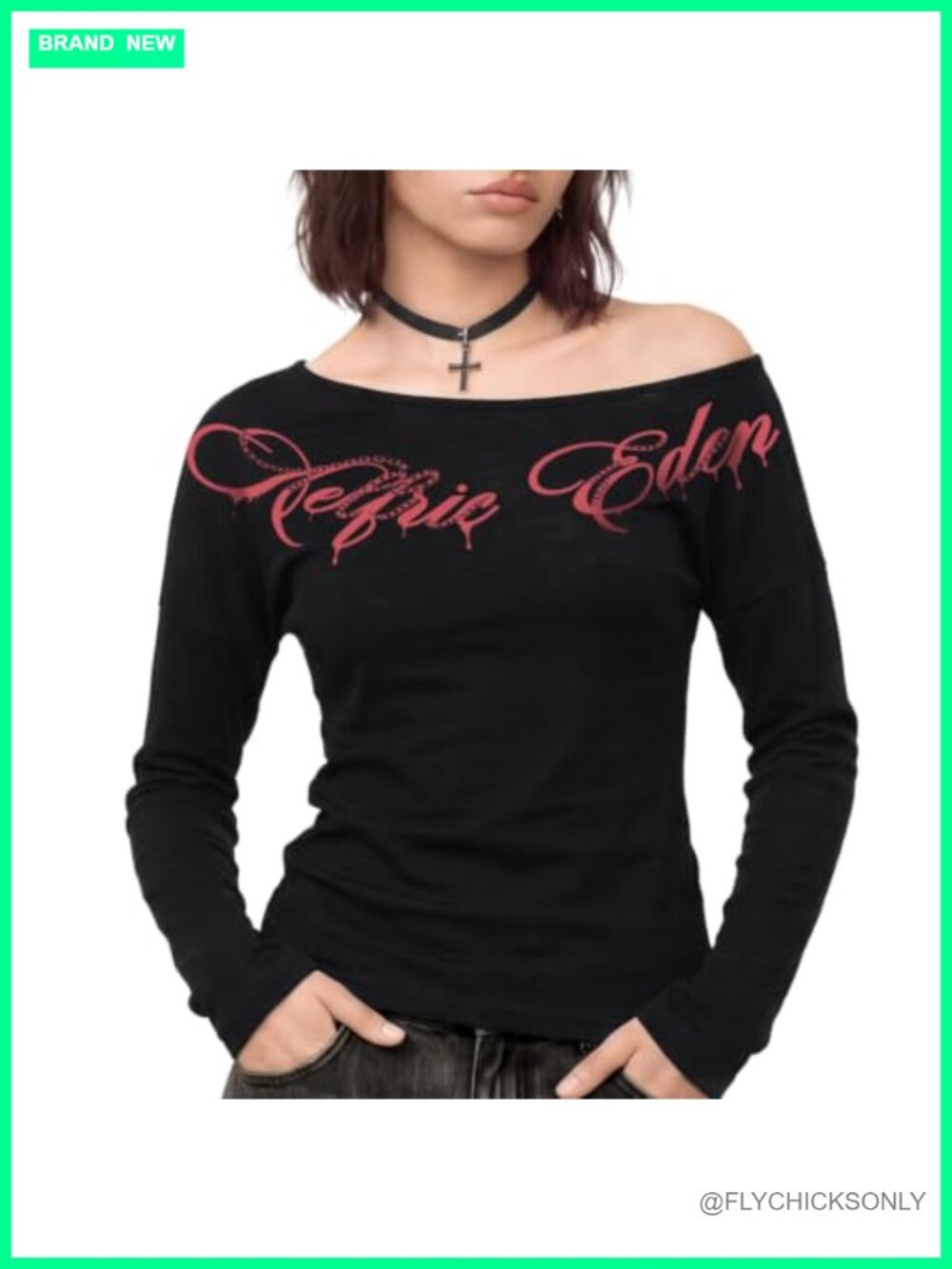 Women's Off Shoulder Chain Graphic Long Sleeve Tee T-Shirt Top